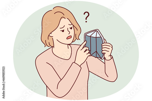 Distressed young woman with empty wallet suffer from bankruptcy. Unhappy poor girl struggle with poverty and money lack. Vector illustration.