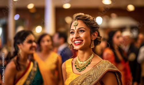 Traditional Indian hindu woman wearing sareeat a party. Beatiful woman celebrating a wedding photo