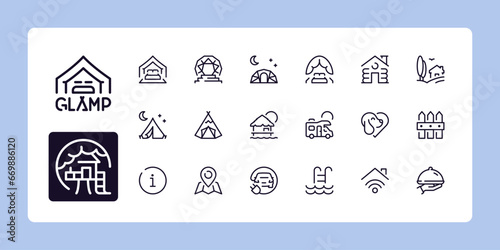 Glamping and camping, line icon set. Outline symbol collection. Editable vector stroke. 48 and 96 Pixel Perfect scalable to 192px, 384px...