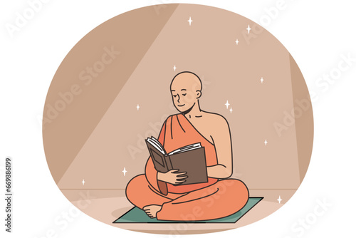Buddhist monk reads ancient book sitting on rug. Religious votary receives sacred knowledge from ancient treatises. Man believing in God finds wisdom in temple. Vector thin line colorful illustration. photo