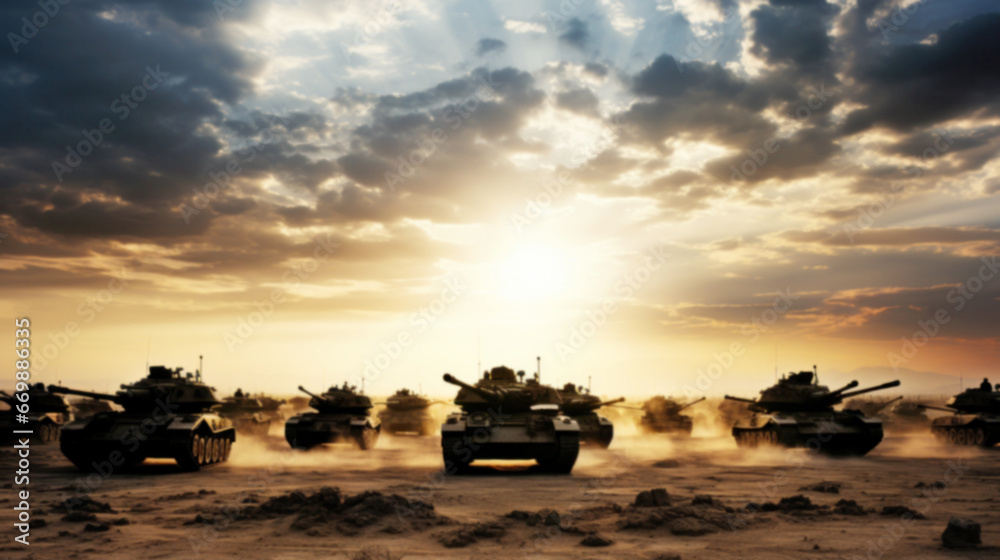 Silhouette of main battle tank on battlefield, Military or army special operation, Explosions and destructions caused by war, Army battles, artillery weapons, and force conflict, Blurred image Silhouette of main battle tank on battlefield, Military or army special operation, Explosions and destructions caused by war, Army battles, artillery weapons, and force conflict, Blurred image