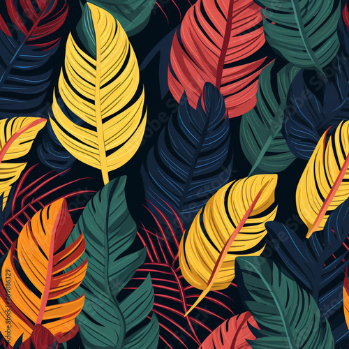 Tropical leaves seamless pattern on black background. Vector illustration.