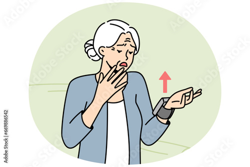 Elderly woman was upset because of increased blood pressure on monitor on her wrist. Old lady felt nervous after seeing bad health indicators on smart watch. Vector line art colored illustration.