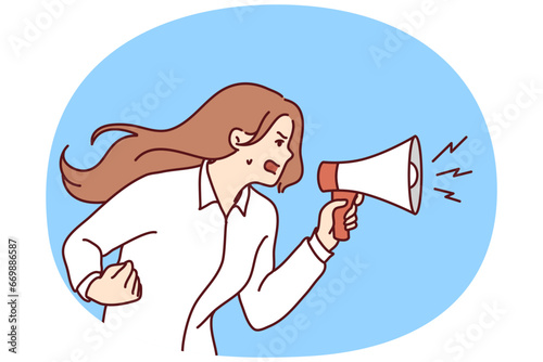Furious young woman hold megaphone scream loud. Angry girl shout in loudspeaker make announcement lose control. Vector illustration.