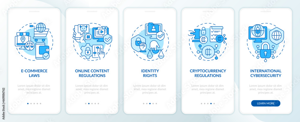 2D icons representing cyber law mobile app screen set. Walkthrough 5 steps blue graphic instructions with thin line icons concept, UI, UX, GUI template.