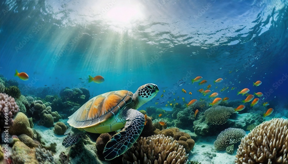 Naklejka premium coral reef and turtle