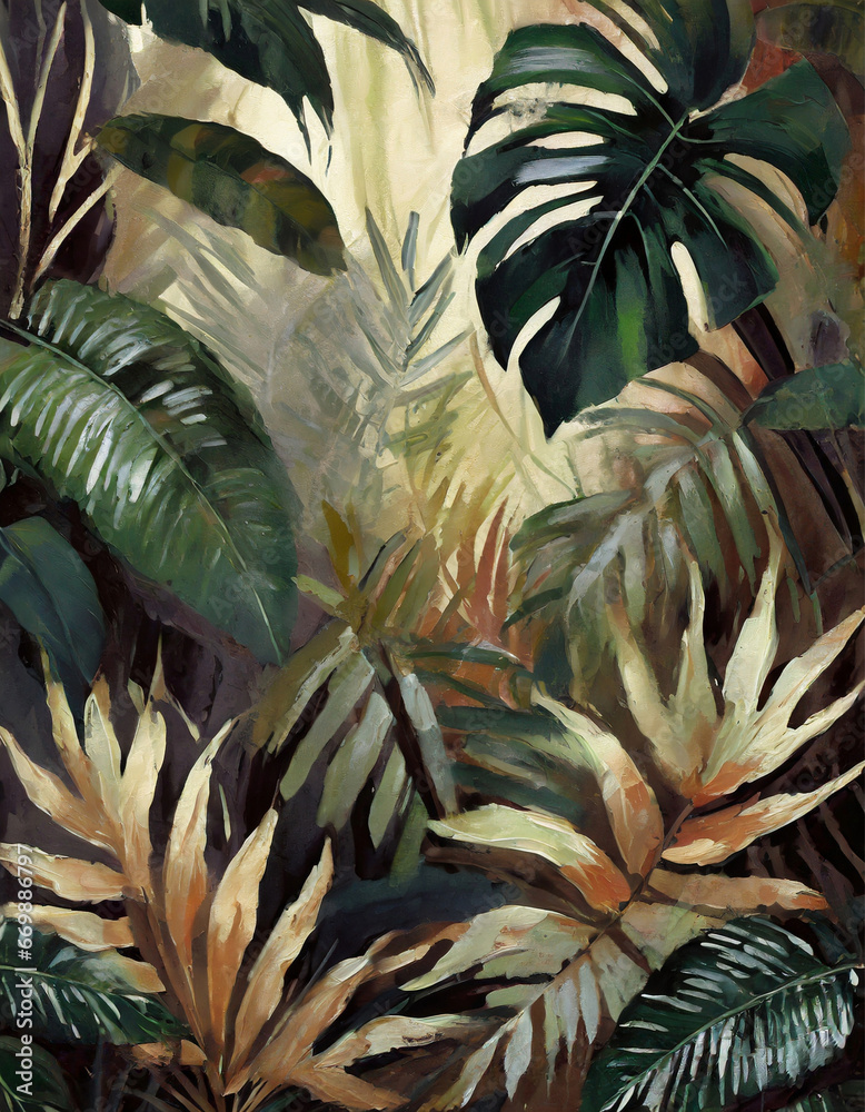 Obraz premium Abstract watercolor painted tropical leaves different shapes and sizes