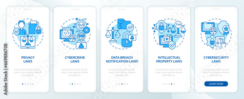 2D blue icons representing cyber law mobile app screen set. Walkthrough 5 steps monochromatic graphic instructions with thin line icons concept, UI, UX, GUI template.