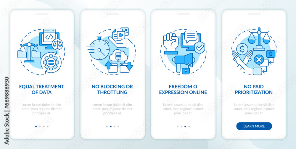 2D icons representing cyber law mobile app screen set. Walkthrough 4 steps blue graphic instructions with line icons concept, UI, UX, GUI template. 2D icons representing cyber law mobile app screen set. Walkthrough 4 steps blue graphic instructions with line icons concept, UI, UX, GUI template.