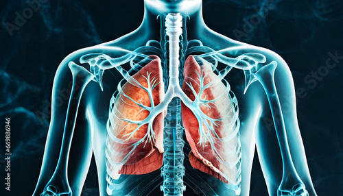 Male anatomy of the human lung system. 3d rendering concept and medical technology network. Generative AI