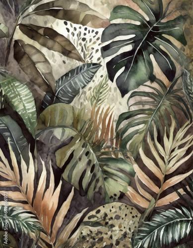 Abstract watercolor painted tropical leaves different shapes and sizes