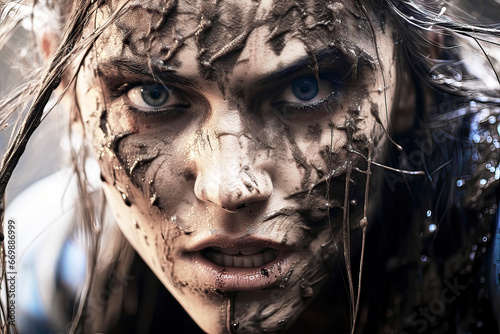 Portrait of an alert-looking young blue-eyed woman with mud-caked face and fair skin