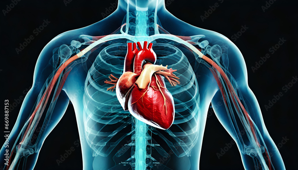 Male anatomy of the human Heart system. 3d rendering concept and medical technology network. Generative AI - obrazy, fototapety, plakaty 