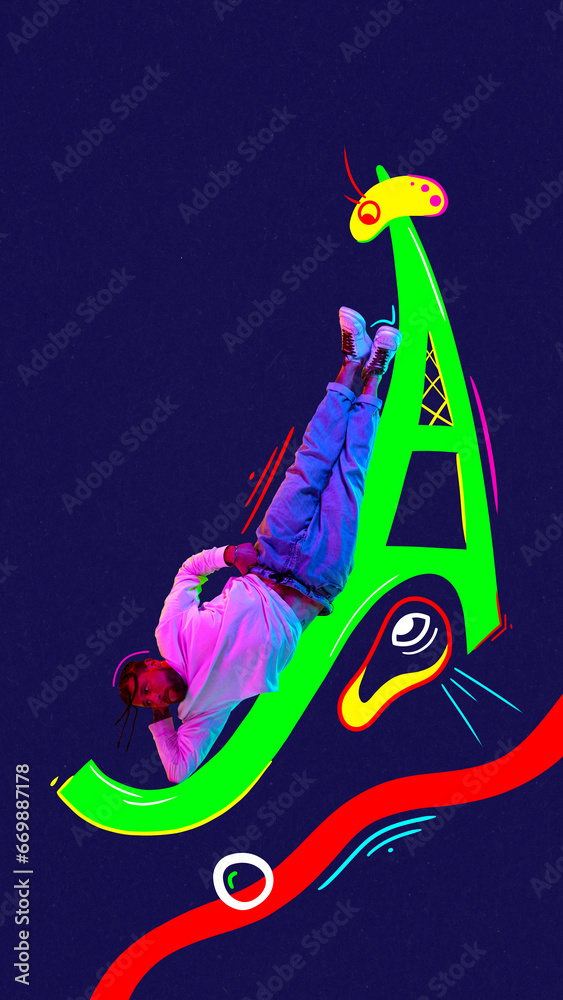 Poster. Contemporary art collage. Energetic man dancer painted in neon filter, light dancing in freestyle, breakdance style against dark mode background.