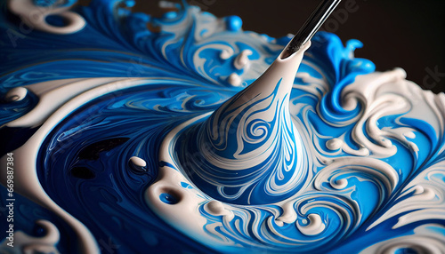 Swirls of blue acrylic paint in the ebru painting technique photo