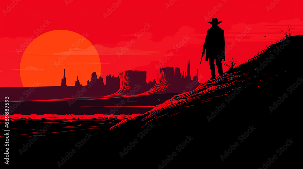 Naklejka premium Cowboy silhouette. Cowboy in the wild west standing in the desert. Gunslinger silhouette. Minimalistic illustration. Generative AI