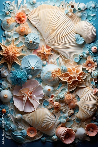 Ocean elements. Algae, corals, shells and tubulars. Marine decorative set. Underwater ecosystem, aquatic natural creatures. Generated by artificial intelligence photo