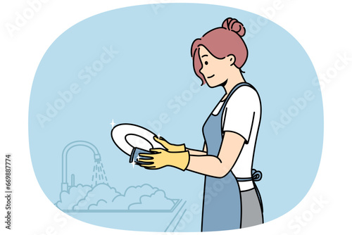 Girl washes plates in gloves near sink. Young woman is doing household chores in kitchen. Daily home cleaning routine. Domestic assistant, services staff. Vector line art multicolored illustration.