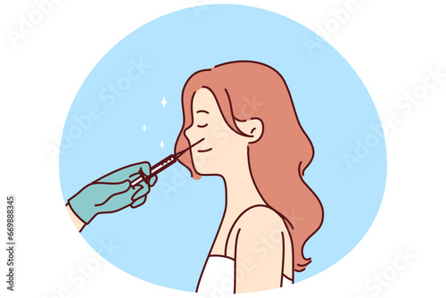 Beautician doctor with syringe make injection to woman face in salon. Female patient have botox procedure in saloon. Medicine and beauty concept. Vector illustration.