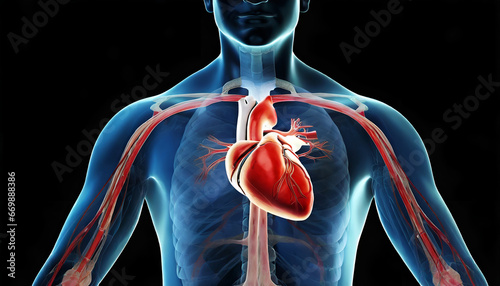 Male anatomy of the human Heart system. 3d rendering concept and medical technology network. Generative AI