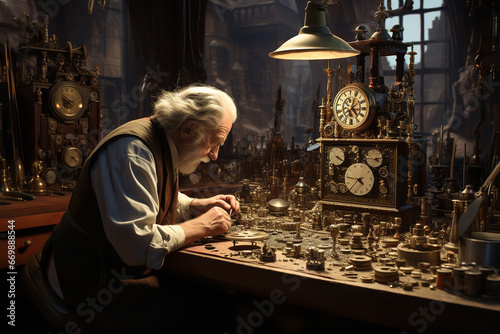 The watchmaker’s workshop is filled with an array of tools, spare parts, and watches in various states of repair or disassembly photo