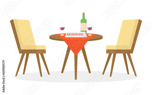 A beautiful table with chairs for two in a restaurant with a reserved sign on a white background, vector illustration of a table with two glasses of wine, a bottle of wine, a vase with a red flower an
