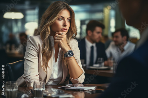 A high-achieving female entrepreneur subtly glances at her luxury watch in the middle of an intense business negotiation, exuding confidence photo