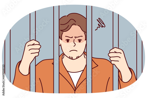 Unhappy man in robe behind bars in jail. Angry male criminal imprisoned for crime or misdemeanor. Imprisonment and sentence. Vector illustration.