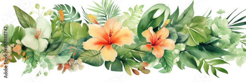 Bouquets greeting or wedding card decoration, Watercolor of Tropical spring floral green leaves and flowers elements.