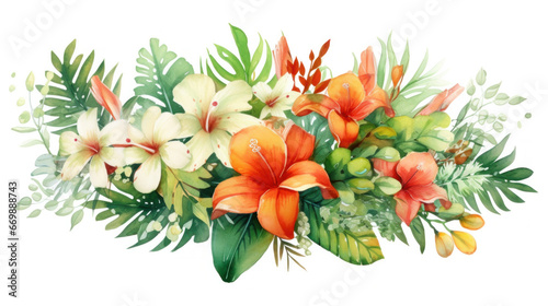 Bouquets greeting or wedding card decoration, Watercolor of Tropical spring floral green leaves and flowers elements. © tong2530