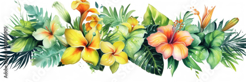 Bouquets greeting or wedding card decoration  Watercolor of Tropical spring floral green leaves and flowers elements.