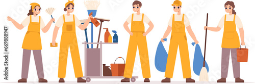 Cleaning team young characters. Cleat service staff, cute cartoon workers with broom, bucket, waste bags and sponge. Snugly people in uniform, vector concept