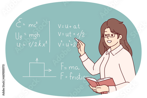 Smiling female teacher standing near black board talking at lesson in school. Happy woman tutor lead math class for pupils. Education. Vector illustration.