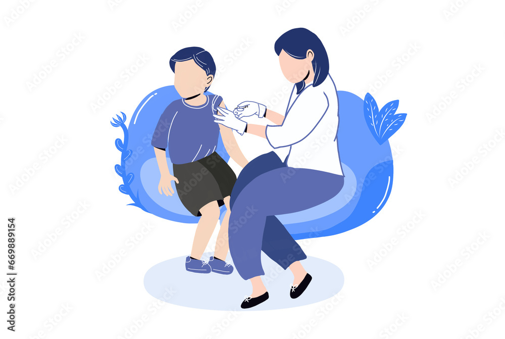 Flat illustration of a doctor giving injection into a kid
