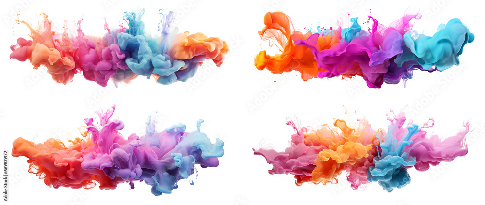 Set of abstract colorful splashes fluid shape watercolour ink, Creative bright colors explosion elements for design, isolated on white and transparent background