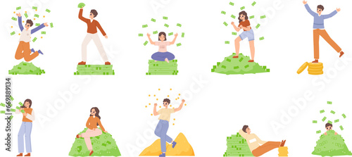 Rich characters. Successful young business people with many money. Young adult winners, investors and influencers. Financial snugly vector scenes