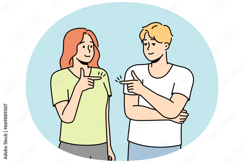 Guy, girl point fingers at each other. Woman, man avoid solving problems. Husband shifts responsibility to wife. Girlfriend blames failure, criticizes boyfriend. Vector line art colored illustration. Guy, girl point fingers at each other. Woman, man avoid solving problems. Husband shifts responsibility to wife. Girlfriend blames failure, criticizes boyfriend. Vector line art colored illustration.