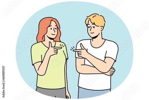 Guy, girl point fingers at each other. Woman, man avoid solving problems. Husband shifts responsibility to wife. Girlfriend blames failure, criticizes boyfriend. Vector line art colored illustration.