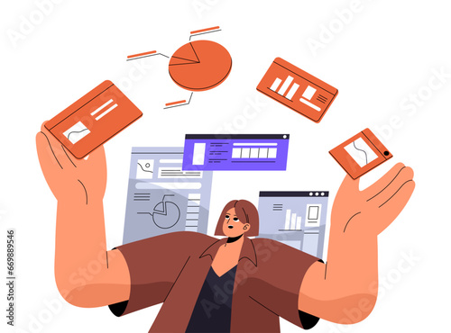 Content manager work with social media. Digital designer create design system. Analyst choose web data for analysis. Flying interface elements in woman hand. Flat isolated vector illustration on white
