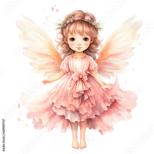 Cute little fairy watercolor illustration. Pretty barefoot baby angel girl in pink dress with bow, wreath and wings for kids, greeting card, poster