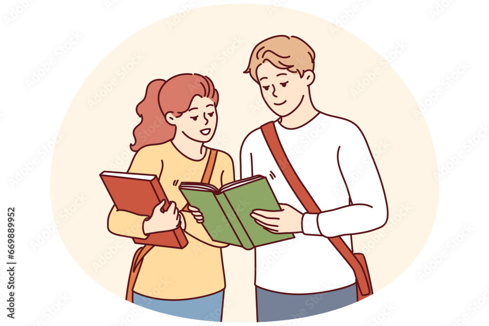 Happy students with book get ready for school exam or lesson. Smiling millennial people with textbooks before class in college. Vector illustration.