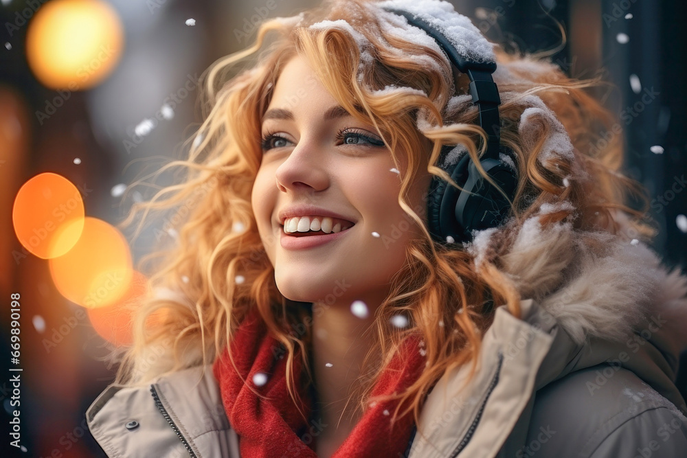 Fototapeta premium Portrait of young beautiful cute girl wearing wireless headphones enjoying music outdoors in wintertime