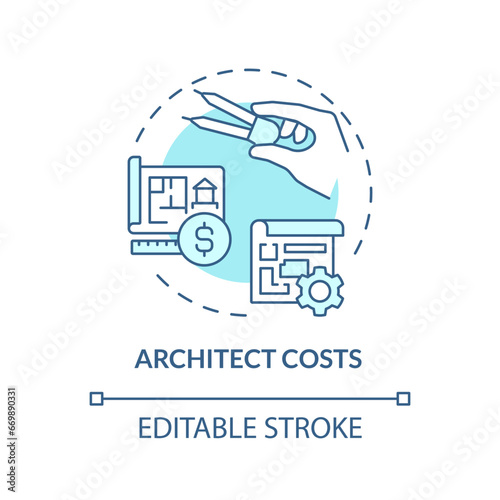 2D editable blue architect costs icon, monochromatic isolated vector, construction cost thin line illustration.