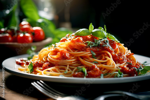 Close up of spaghetti on a fork with Italian sauce in background of natural lighting from window. Lifestyle concept of food and cooking.