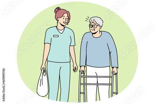 Woman health care worker helps elderly disabled person with walking frame. Medical professional carries bag of physically handicapped old man with walker. Vector line art multicolored illustration.