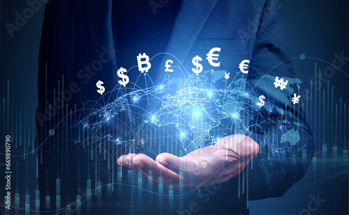 Financial Technology, internet payment, money exchange, digital banking concept. Businessman with hologram world and currency icons and bitcoin cryptocurrency on virtual screen