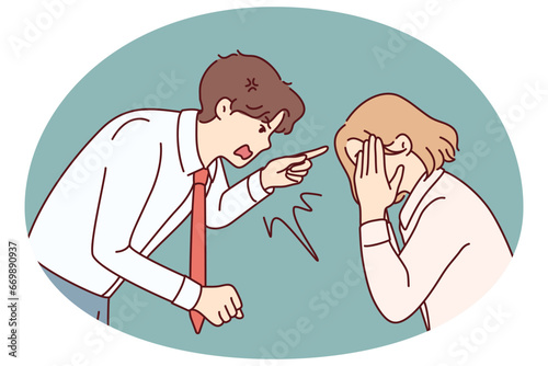 Furious businessman scolding stressed female employee at workplace. Angry male boss lecture scream at unhappy distressed woman worker. Vector illustration.