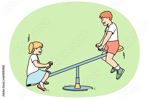 Children ride on teeter-totter at playground in summer. Boy, girl playing at seesaw at street lawn. Kids have fun outdoor. Vector contour line colorful illustration isolated on green background.