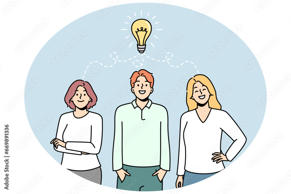 Burning light bulb over group of people standing together, colleagues like best solution of problem symbol. Brainstorming, teamwork. Businessman, businesswomen invent something. Vector illustration. Burning light bulb over group of people standing together, colleagues like best solution of problem symbol. Brainstorming, teamwork. Businessman, businesswomen invent something. Vector illustration.