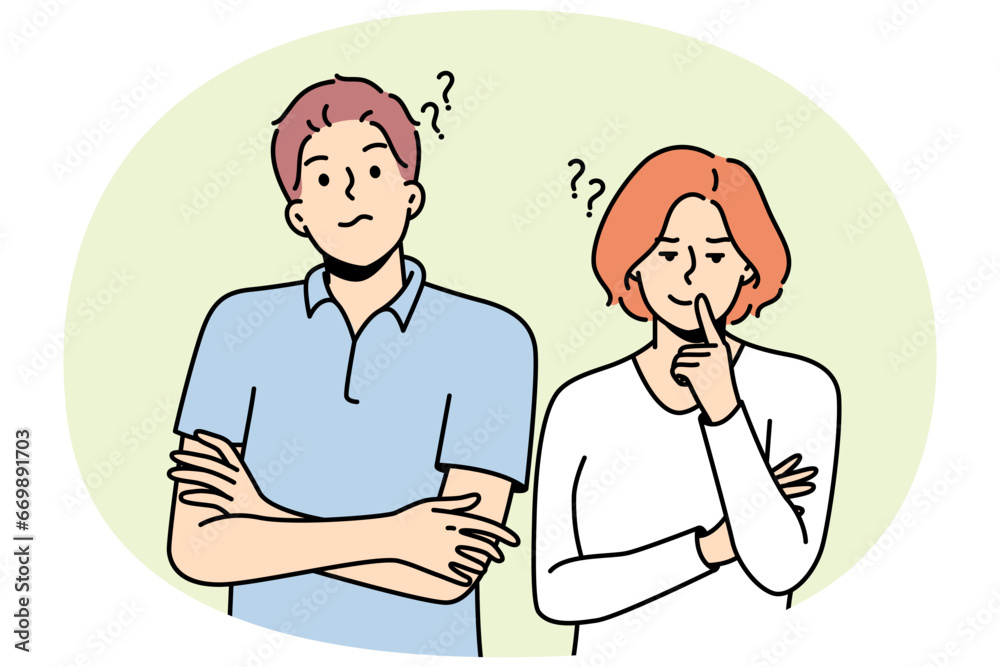 Young woman, man stand side by side in disbelief. Guy, girl do not understand, do not trust each other. Differences in worldview, culture, faith, behavior, education. Vector thin line illustration.